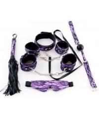 Кружевной набор пурпурный: маска, наручники, оковы, ошейник, флоггер, кляп