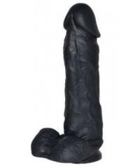 Чёрный фаллоимитатор с удлинённой мошонкой и присоской - 17 см.
