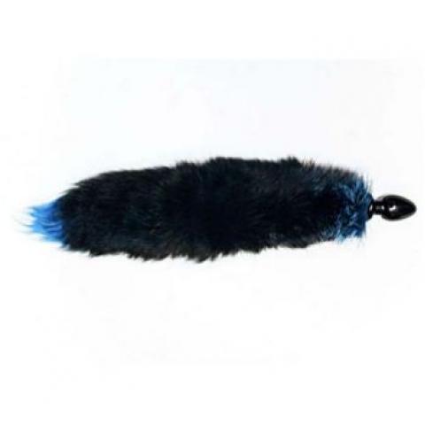  купить чёрная анальная пробка с голубым лисьим хвостом