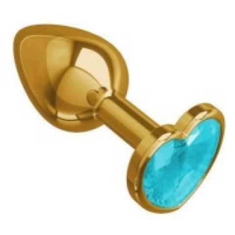  купить 511-05 aqua-dd золотистая анальная втулка с голубым кристаллом-сердцем - 7 см.
