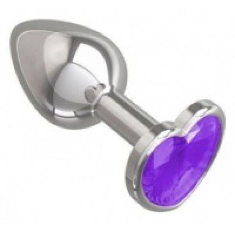 купить 514-08 purple-dd серебристая анальная втулка с фиолетовым кристаллом-сердцем - 7 см.