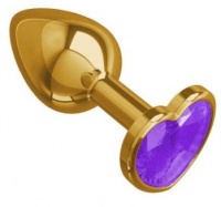511-08 purple-DD Золотистая <b>анальная</b> <b>втулка</b> с фиолетовым кристаллом-сердцем - 7 см.