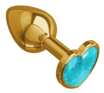 Золотистая <b>анальная</b> втулка с голубым кристаллом-сердцем - 7 см.