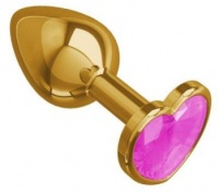 511-06 pink-DD Золотистая <b>анальная</b> втулка с розовым кристаллом-сердцем - 7 см.