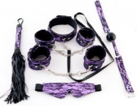 Кружевной набор пурпурный: маска, наручники, оковы, ошейник, флоггер, кляп 