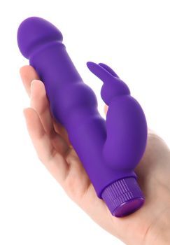 Фиолетовый <b>вибратор</b> с утолщением посередине и клиторальным зайчиком - 18 см.