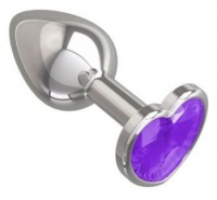 514-08 purple-DD Серебристая <b>анальная</b> втулка с фиолетовым кристаллом-сердцем - 7 см.