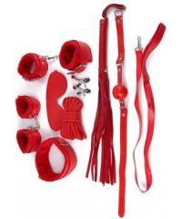 КОМПЛЕКТ наручники, оковы, маска, кляп, плеть, ошейник с поводком, верёвка, зажимы для сосков цвет красный, PVC, текстиль арт. 
