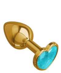 Золотистая анальная втулка с голубым кристаллом-сердцем - 7 см.